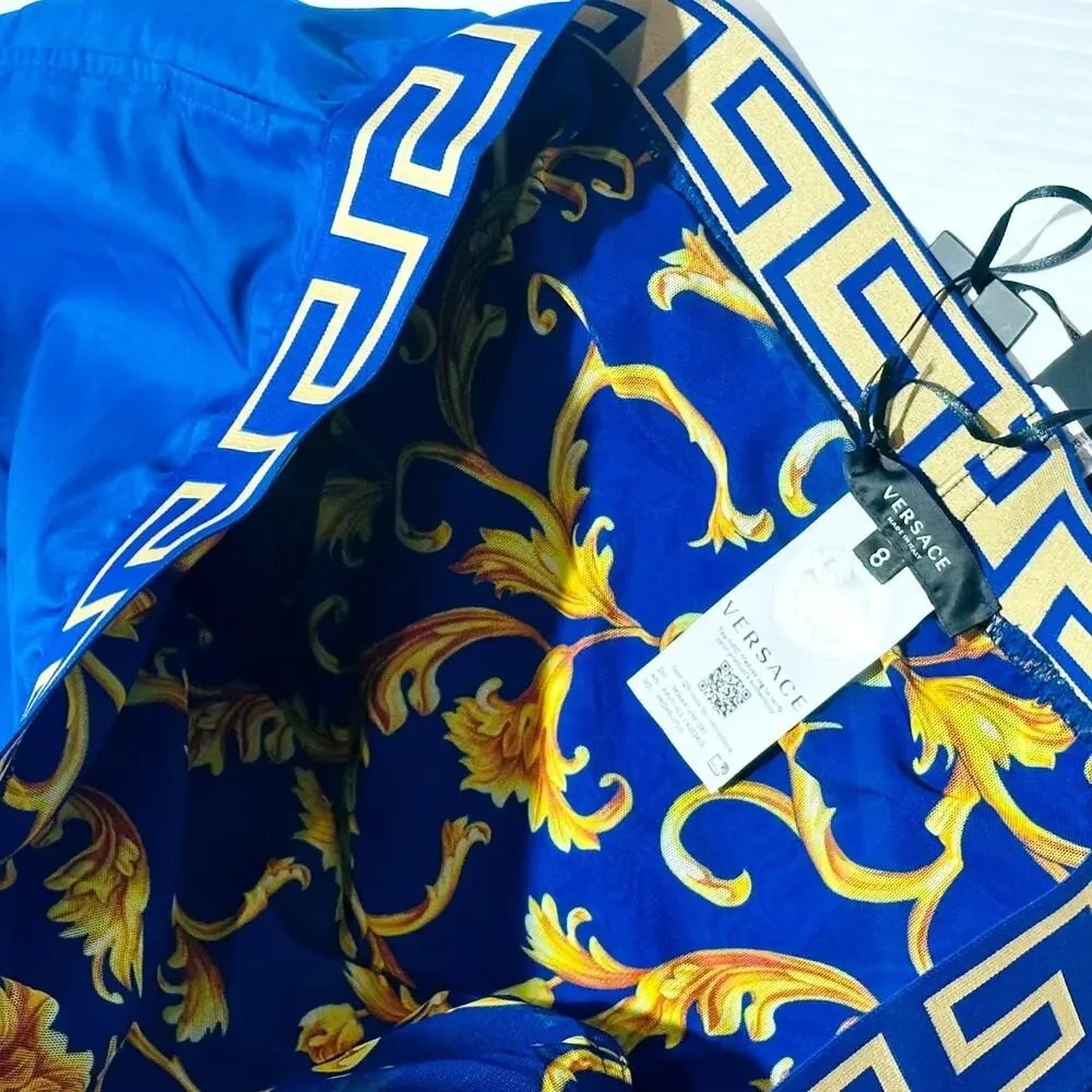 NWT Versace Greca Border Swim Shorts IT 8 US 2XL Blue Medusa Logo Elastic Waist